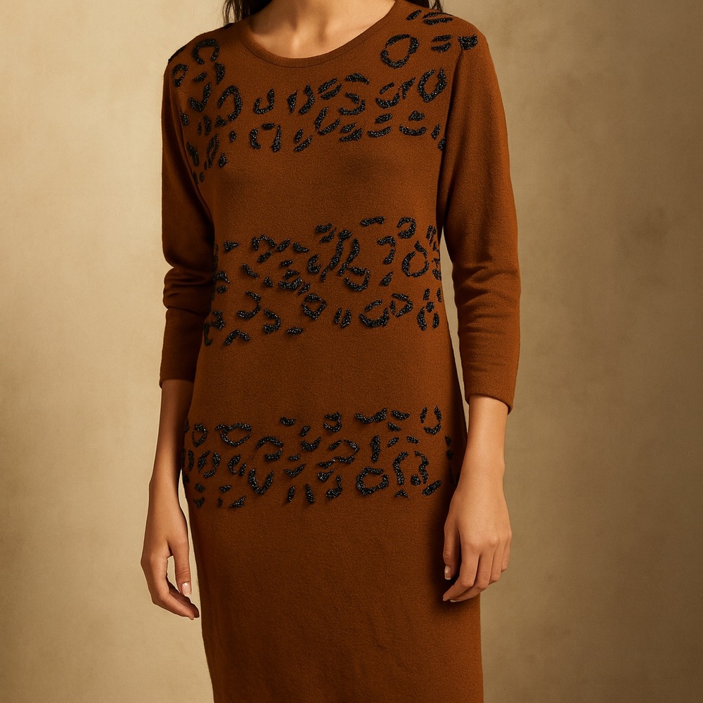 Carole Little Wool Vintage Brown Knit Sweater Dress | Beaded Leopard Embroidery - Picture 14 of 14